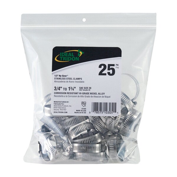 Ideal Tridon Hy Gear 3/4 in to 1-3/4 in. SAE 20 Silver Hose Clamp Stainless Steel Band, PK25 6720550 - main